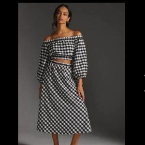 Maeve Anthropologie Two-Piece Midi Skirt Crop Top Gingham Check Black White XL
